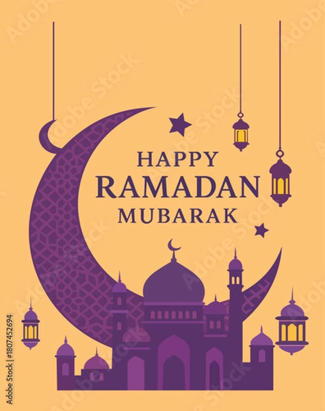 Fototapeta This vibrant greeting card design celebrates the spirit of Ramadan with its beautiful blend of purple hues and elegant motifs. Featuring a crescent moon and lanterns, the card conveys warm wishes with