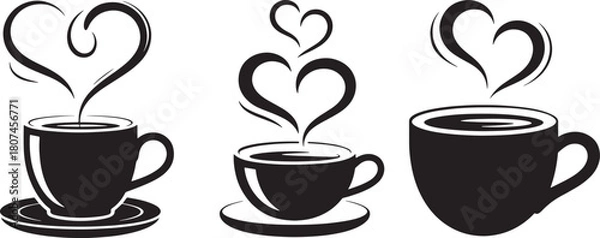 Fototapeta Three coffee cups emitting heart shaped steam illustration on white background