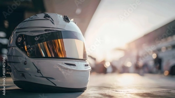 Fototapeta Racing helmet on the ground with a blurred background of a race track