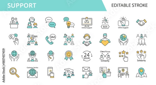 Obraz Diverse collection of clean and modern line icons representing support, customer service, and collaboration