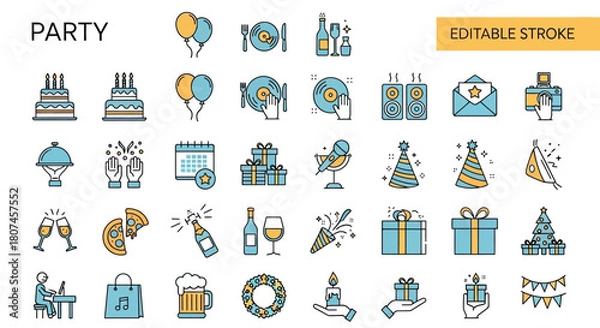Obraz Celebration and Party Line Icons Festive Event Symbols Collection