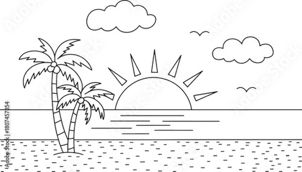 Fototapeta Tropical beach sunset with palm trees and birds vector illustration outline