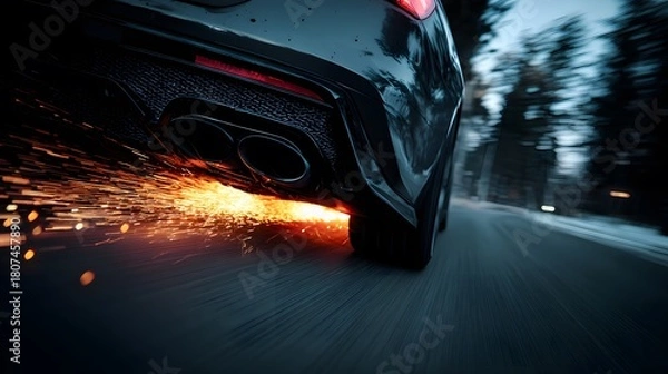 Obraz Black sports car accelerating on a road with sparks flying from the exhaust