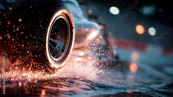 Obraz Car tire splashing through water on a wet road at night with bokeh lights