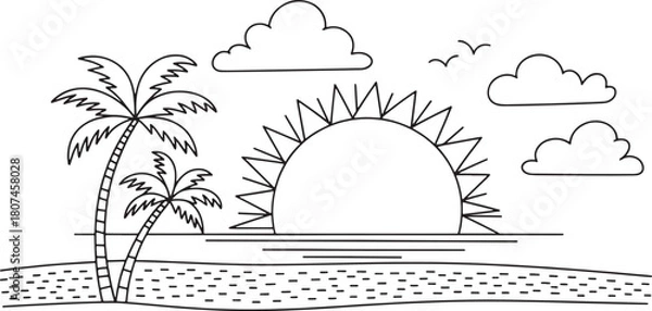 Fototapeta Tropical Sunset Scene with Palm Trees and Sea in Black and White