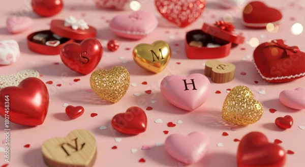 Obraz Heart shaped objects with letters and gifts, romantic theme celebration