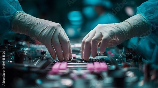 Fototapeta Surgeons' hands in sterile gloves preparing surgical instruments in an operating room