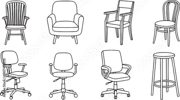 Fototapeta Various types of chair outline illustration collection for interior design concepts