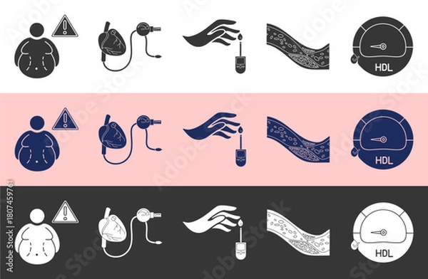 Fototapeta Metabolic syndrome glyph icon set includes visceral obesity, hypertension, insulin resistance, high triglycerides, low HDL cholesterol with different colors and background.