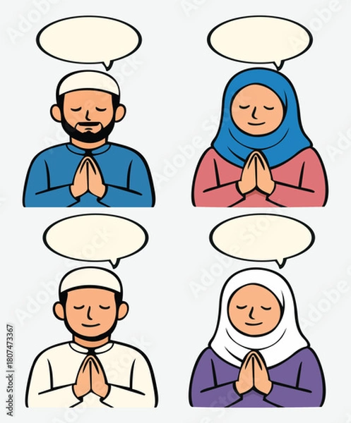 Fototapeta This illustration features four diverse Muslim characters in traditional attire, each with hands in prayer position. The design conveys a sense of unity and faith, making it suitable for various proje