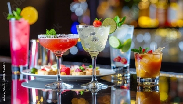 Obraz Barra iluminada con cócteles variados