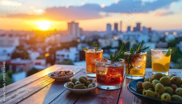 Obraz Tragos con botanas en terraza