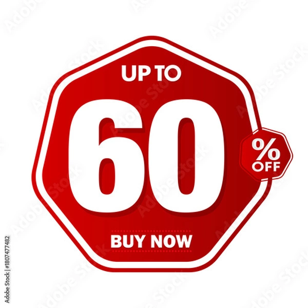 Fototapeta Vibrant red "Up To 60% Off - Buy Now" hexagon sale badge, ideal for e-commerce and retail promotions. Isolated on a transparent png background for easy use.