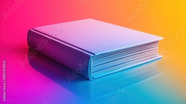 Obraz Blank book lies on reflective surface; vibrant gradient backdrop