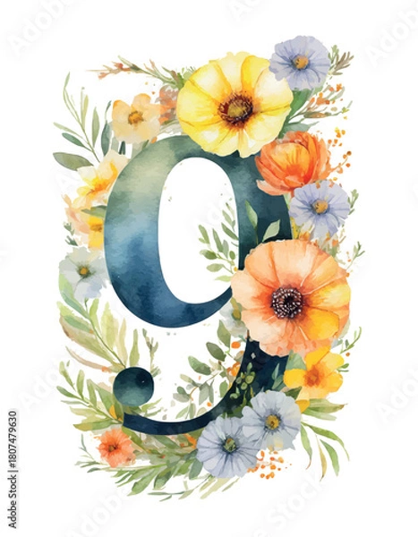 Fototapeta Watercolor numbers decorated with summer flowers on white isolated background. Birthday. Romantic elements for the holiday