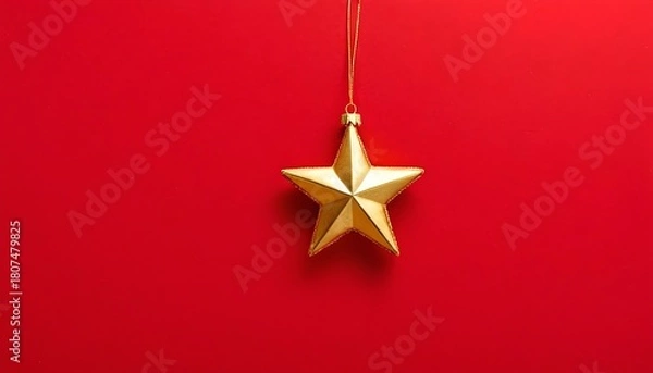 Fototapeta Golden star ornament hangs against a bright red background, capturing a festive spirit in a holiday setting