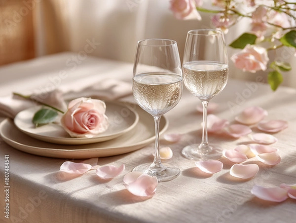Obraz Elegant dinner table setting with pink rose petals, candles and champagne glasses, perfect for romantic invitations, wedding stationery, event design or luxury celebration promotions.