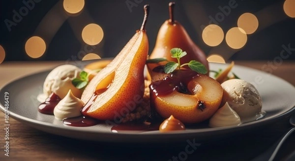 Fototapeta Poached pear halves with ice cream and caramel sauce on a plate. Elegant dessert for fine dining, restaurant menu, or holiday celebration.