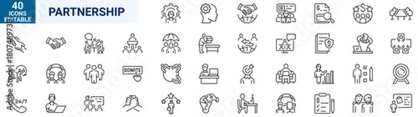 Fototapeta Partnership line web icons. Contains such icons as business, trust, collaboration, goal, teamwork, share, performance, knowledge and planning Editable stroke.
