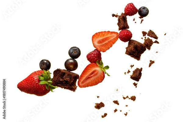 Fototapeta PNG image of  Fresh strawberries raspberries blueberries and brownie pieces are arranged in a visually appealing composition against a clean perfect for food blogs 