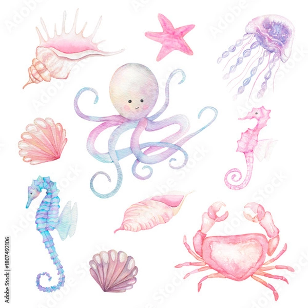 Fototapeta Watercolor sea animals composition with octopus and shells