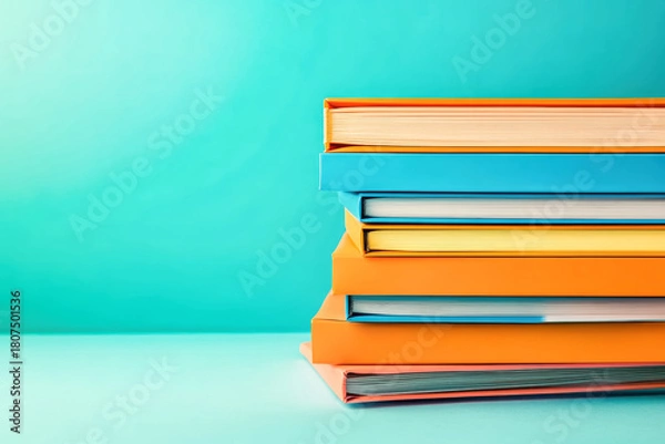 Fototapeta Brightly colored office folders in orange and blue are neatly stacked, showcasing their organized appearance against a soothing pastel background