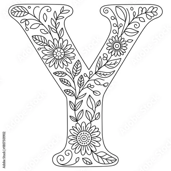 Fototapeta Floral Letter Y Coloring Page, Decorative Alphabet Outline with Flowers and Leaves, Botanical Monogram Coloring Design