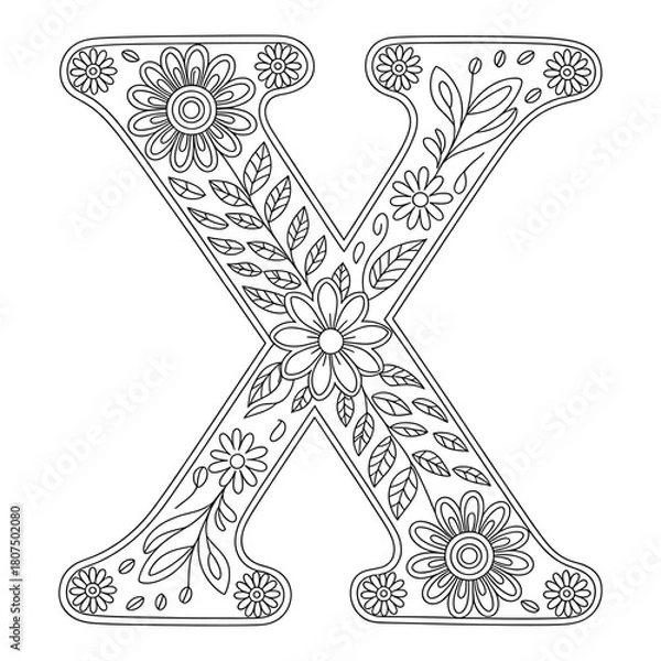 Obraz Floral Letter X Coloring Page, Decorative Alphabet Outline with Flowers and Leaves, Botanical Monogram Coloring Design