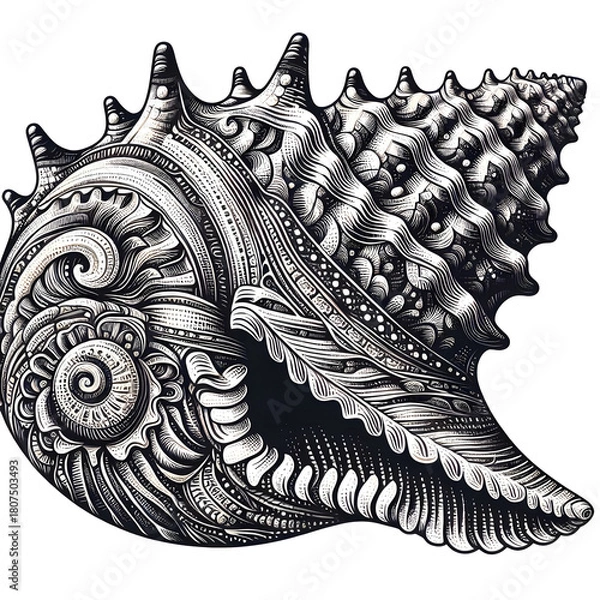 Fototapeta Detailed seashell etching illustration isolated on transparent background