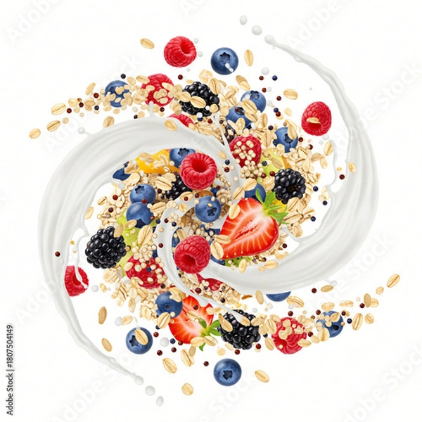 Fototapeta A swirl of fruit and grains with berries, milk splashes