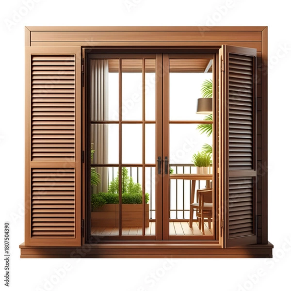 Fototapeta Exterior wooden sliding window design isolated on transparent background