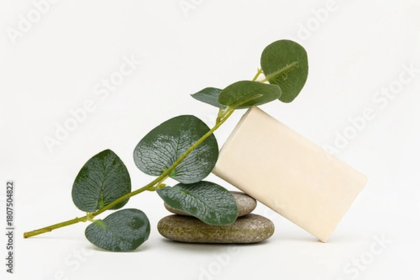 Fototapeta White soap with a eucalyptus branch lies on stones on a white background.