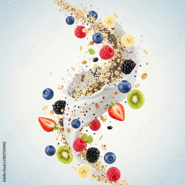 Fototapeta A swirl of fruit and grains with berries, milk splashes