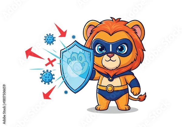Obraz Cartoon lion superhero character holding shield against germs on white background with blue and red elements.