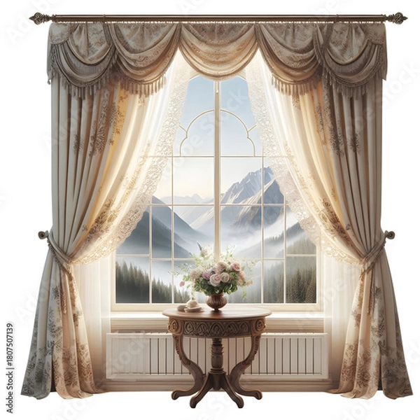 Fototapeta Home window with transparent curtain isolated on transparent background