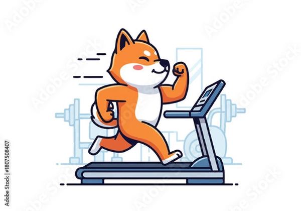 Obraz Illustration of a cartoon Shiba Inu running on a treadmill in a gym with a white background and blue outlines of fitness equipment.