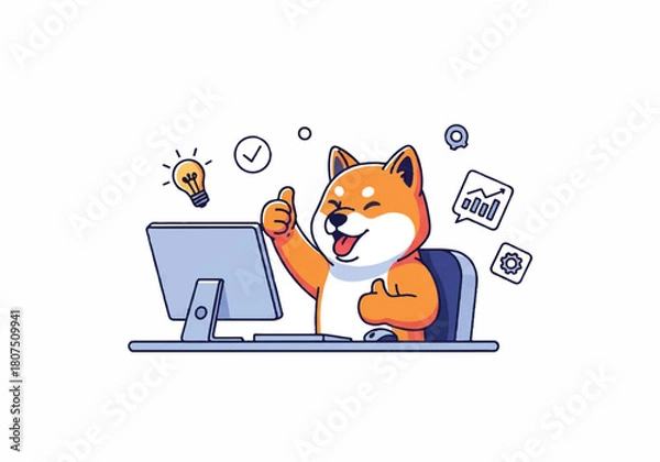 Obraz Illustration of a cheerful Shiba Inu dog sitting at a computer with a lightbulb above, conveying a creative and playful mood on a clean white background.