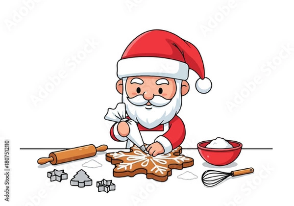 Obraz Cartoon Santa Claus decorating gingerbread cookies with icing and sprinkles on a white background