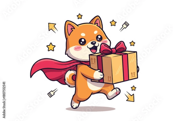 Obraz Cartoon Shiba Inu dog wearing a red cape carrying a gift box with a bow surrounded by stars and confetti on a white background.