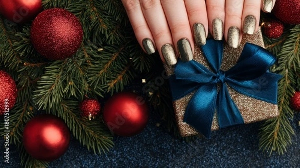 Fototapeta Manicured hands present beautiful gift box with decorative bow on background of adorned evergreen branches and red baubles. Holiday celebration packaging scene.
