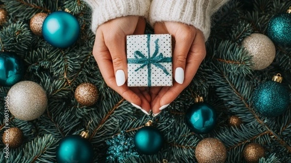 Fototapeta Elegant manicured hands hold wrapped present with decorative bow against festive evergreen branches adorned with teal ornaments. Seasonal celebration scene for special occasions.