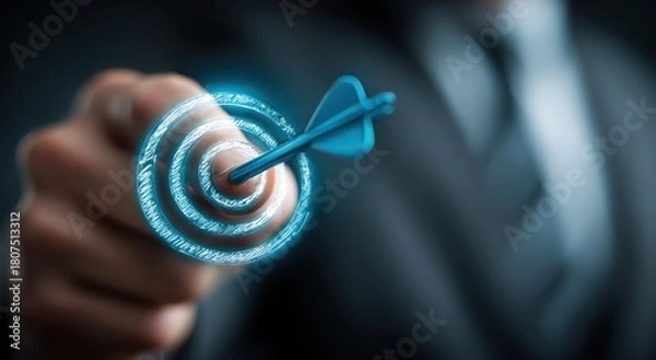 Obraz A man is drawing a blue arrow pointing to a target