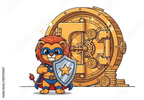 Obraz Cartoon lion mascot in superhero costume standing with shield and gold coins against a vault door on white background with warm tones