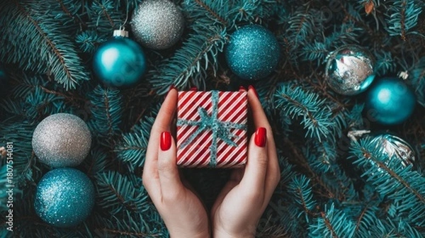 Obraz Red manicured hands presenting wrapped gift package.