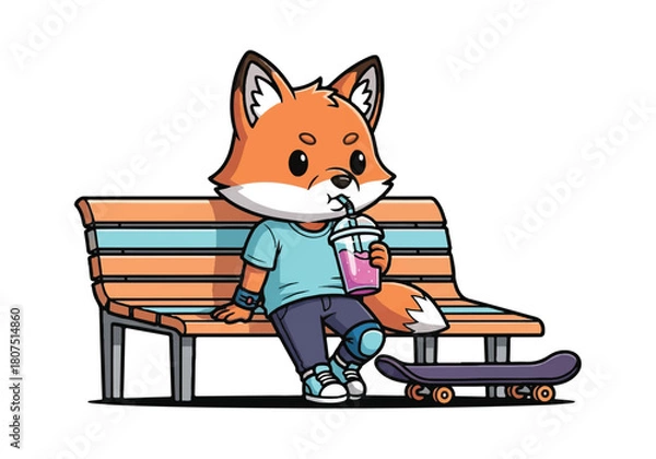 Obraz Illustration of a cartoon fox sitting on a park bench with a skateboard and drinking a beverage.