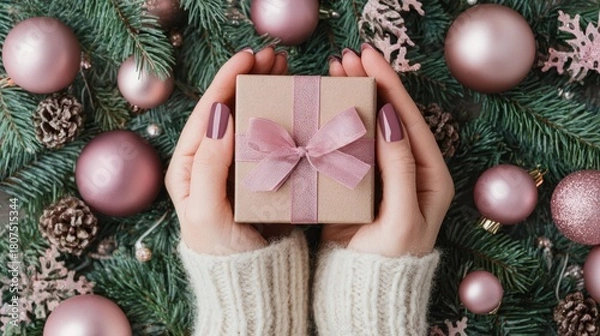 Obraz Manicured hands presenting dusty pink Christmas gift package.