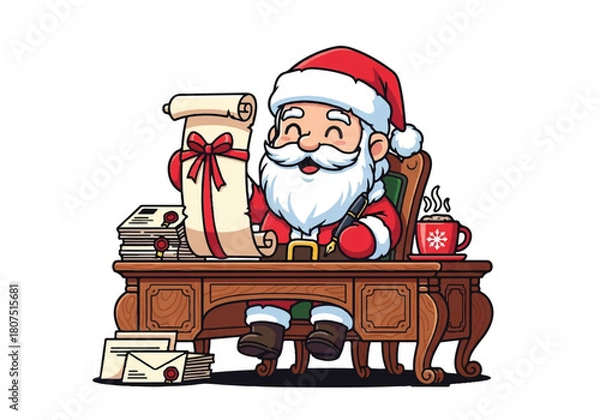 Obraz Cartoon Santa Claus sitting at a wooden desk with gifts and letters on a white background.
