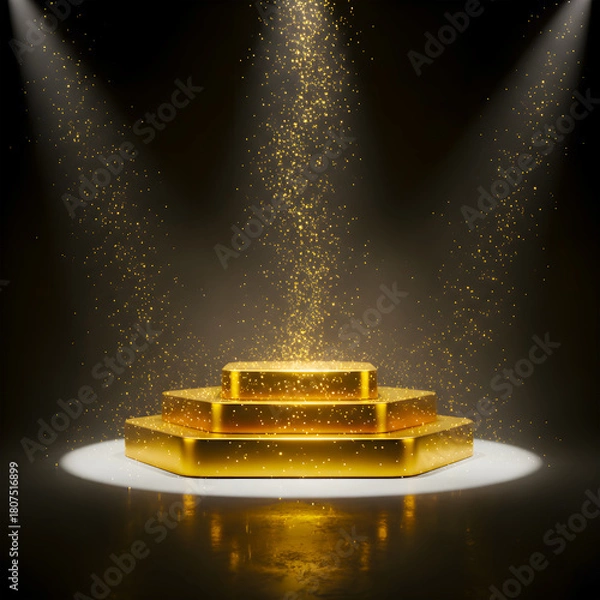 Fototapeta Luxurious Golden Tiered Hexagonal Podium in Bright Circular Spotlight with Heavy Falling Magic Glitter Dust for an Awards Ceremony