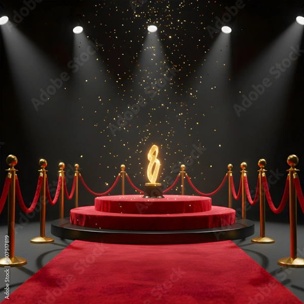 Fototapeta Red Carpet Podium Stage with Velvet Ropes and Gold Stanchions, Spotlighted for an Awards Ceremony or VIP Event.
