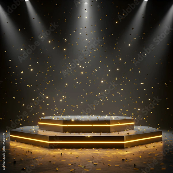 Fototapeta Futuristic Industrial Stage Background Lit by Spotlights and Surrounded by Golden Glitter, Ideal for High-Tech Presentations.